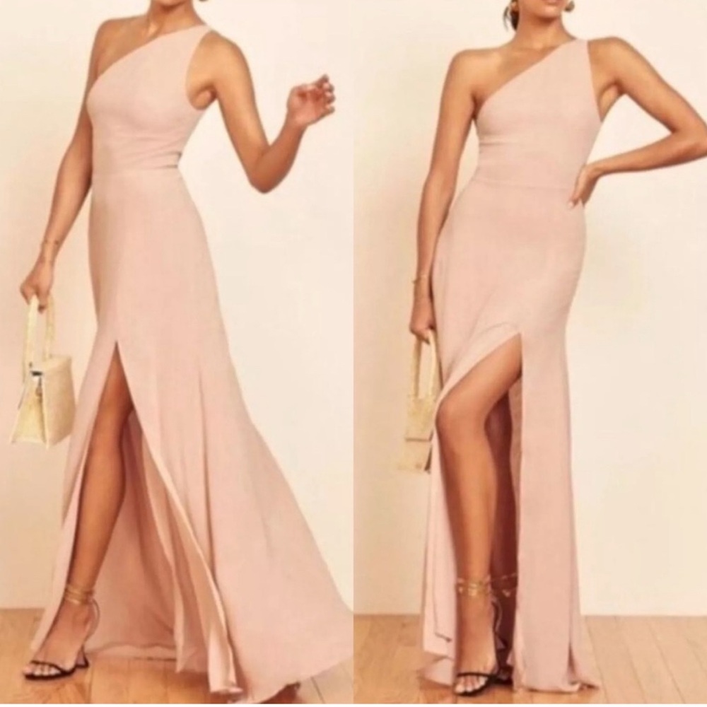 Reformation Evelyn One Shoulder Slit Maxi Dress Gown in Champagne Size 12
